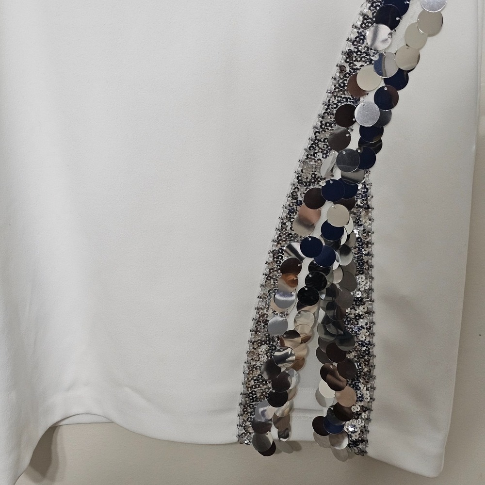 Vince Camuto Dress 6 Fits Small White Round‎ Neck Long Sleeves Sequin Slit  0756 - Picture 13 of 14